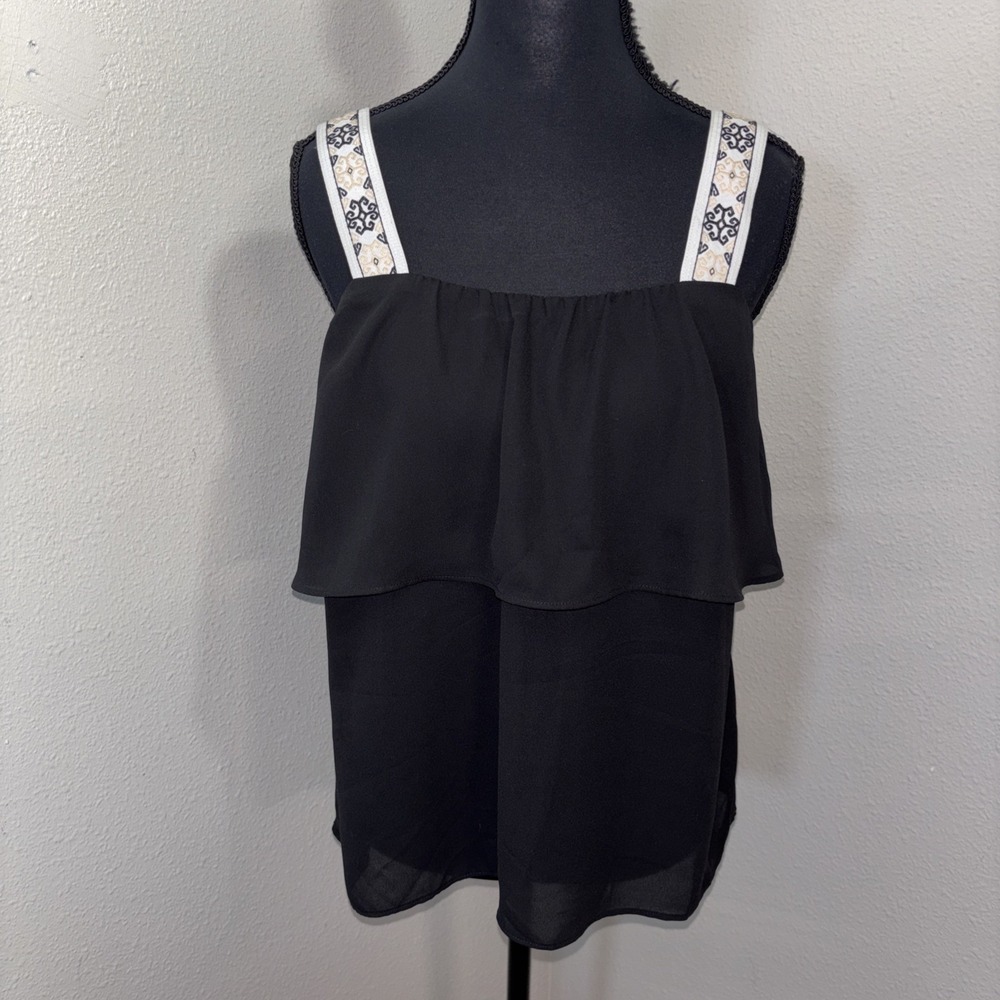 J. Crew Tiered Tank Top Women's 2 Black with Embroidered Straps Boho Fairycore